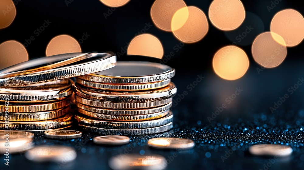 Poster stacked metallic coins on a sparkling surface with blurred bokeh lights in the background