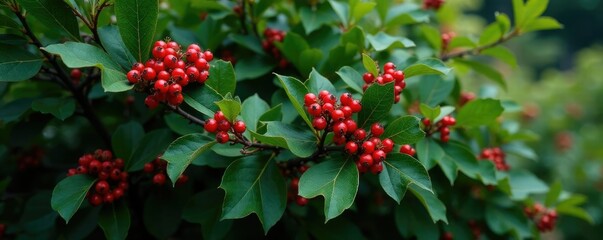 Bushy shrub with dark green leaves and red berries, wildflowers, nature