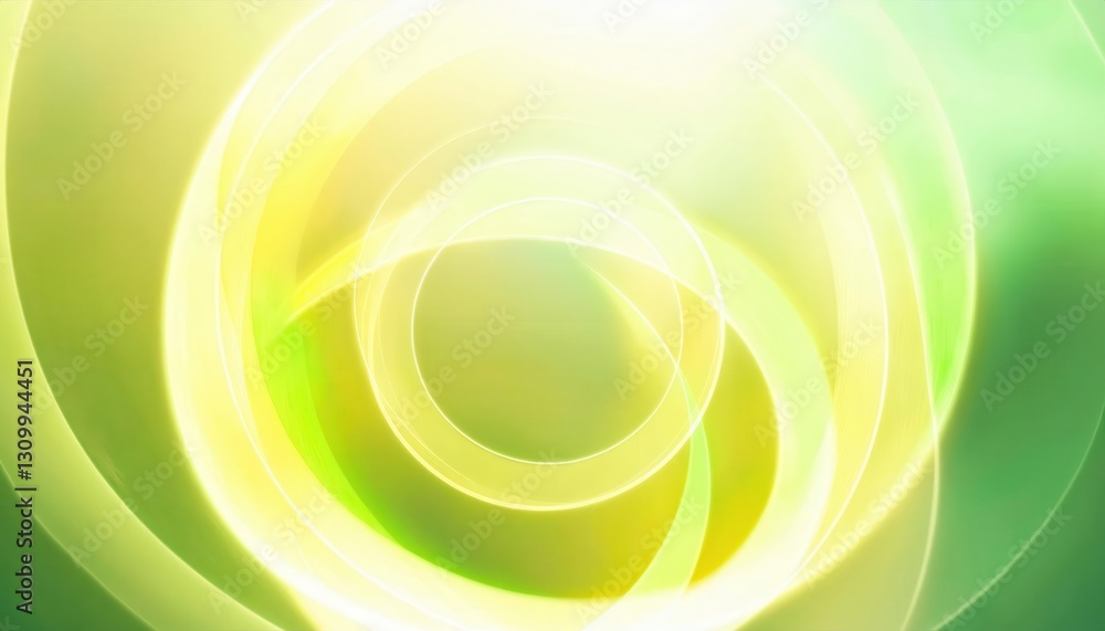 Poster glowing energy vortex with abstract circular light waves in green and yellow hues, futuristic motion background for digital design

