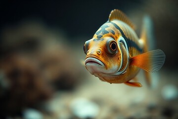 Fisch schaut direkt in die Camera mit Copyspace vor maritimem Hintergrund in Gelb, Beige, Braun