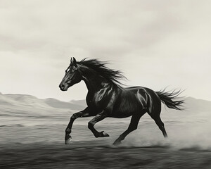 Fototapeta premium Black horse running across a sandy landscape, mane and tail flowing in the wind, monochrome palette creating dramatic effect, symbolizing freedom, power, and wild nature