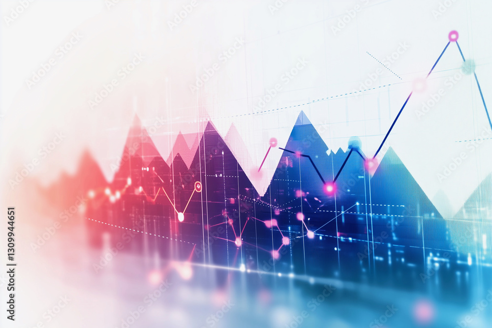 Poster colorful graph with mountains in the background. the graph is made up of different colored lines and