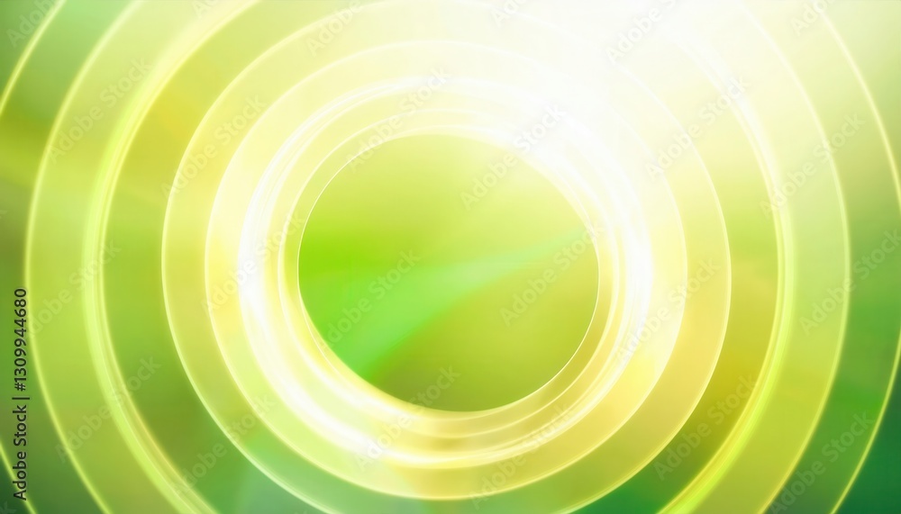 Poster glowing energy vortex with abstract circular light waves in green and yellow hues, futuristic motion