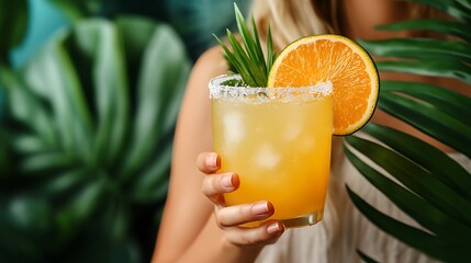 Woman holds drink in tropical greenery