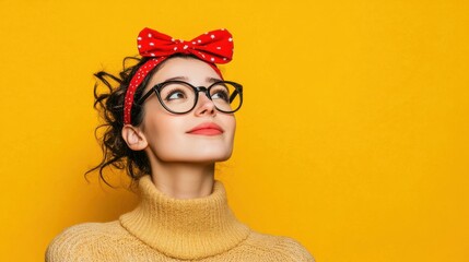 Contemplative Woman with Gift and Red Bow Against Vibrant Yellow Background