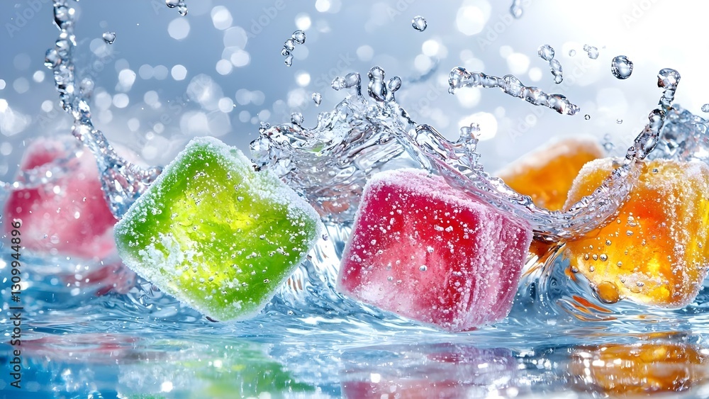Aufkleber colorful ice cubes splash into sparkling water, creating bubbles and wave patterns against a blurred