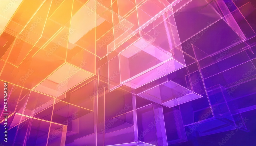 Aufkleber futuristic glowing wireframe cubes in a digital abstract geometric space with a gradient of purple and orange light

