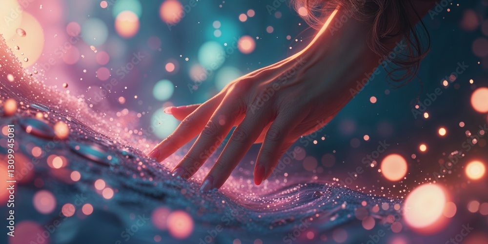 Poster hand reaching out to sparkling water droplets with colorful bokeh in a mystical setting at dusk