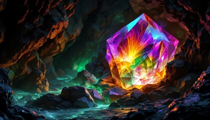 Radiant Crystal Cave: A Mystical Gem in a Dark Grotto