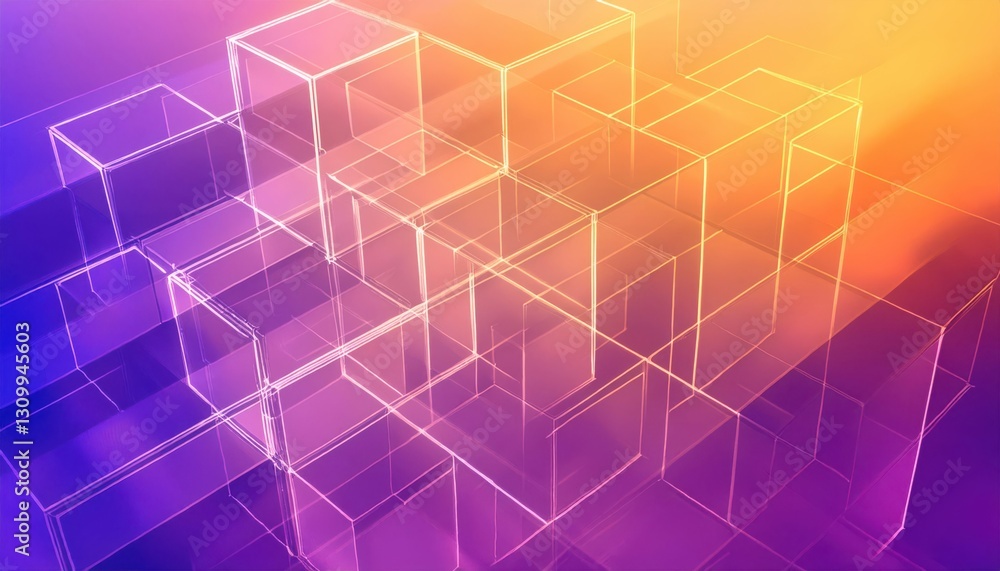 Poster futuristic glowing wireframe cubes in a digital abstract geometric space with a gradient of purple and orange light

