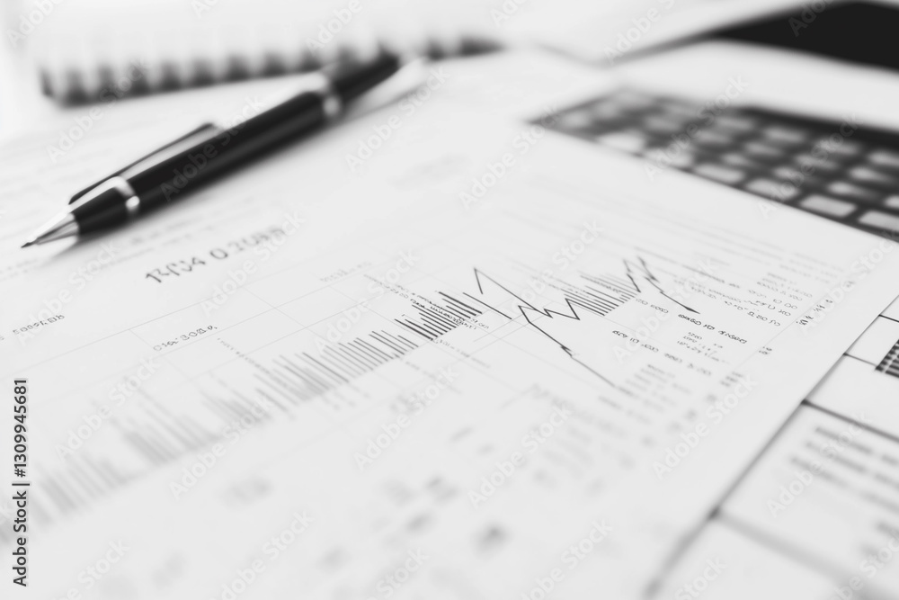 Poster pen and a calculator are on top of a piece of paper with graphs. the graphs show a downward trend, w
