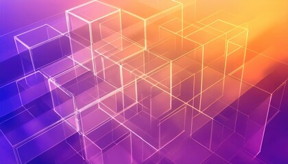 Obraz premium futuristic glowing wireframe cubes in a digital abstract geometric space with a gradient of purple and orange light
