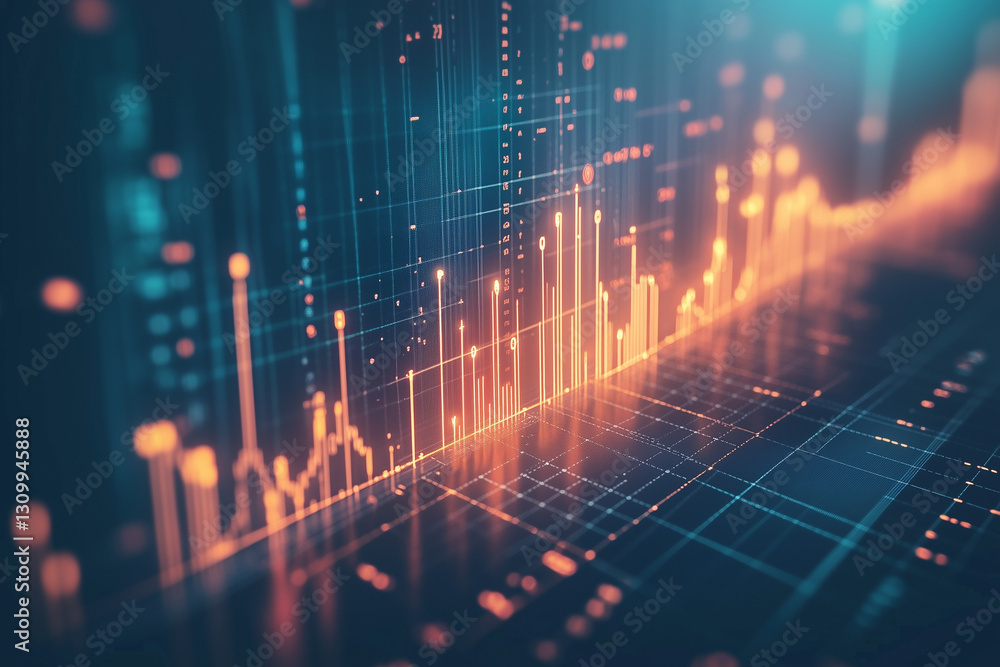 Poster computer generated image of a city skyline with orange and blue lines. the image has a futuristic an
