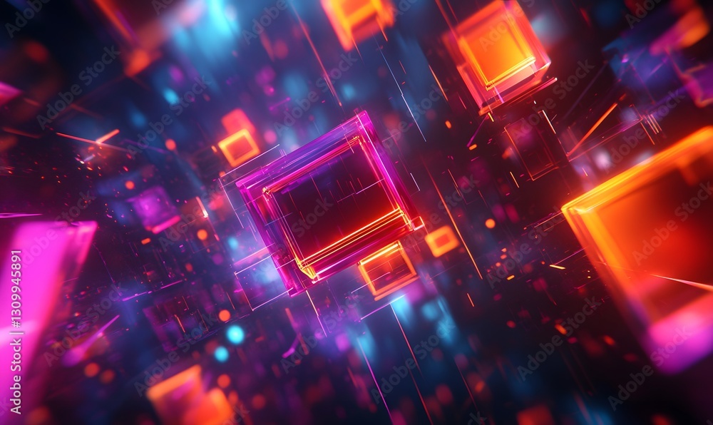 Poster abstract digital cubes in a dynamic and colorful arrangement with light effects