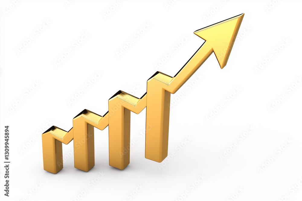 Poster gold colored arrow pointing upwards with a series of bars underneath it. the bars are stacked on top