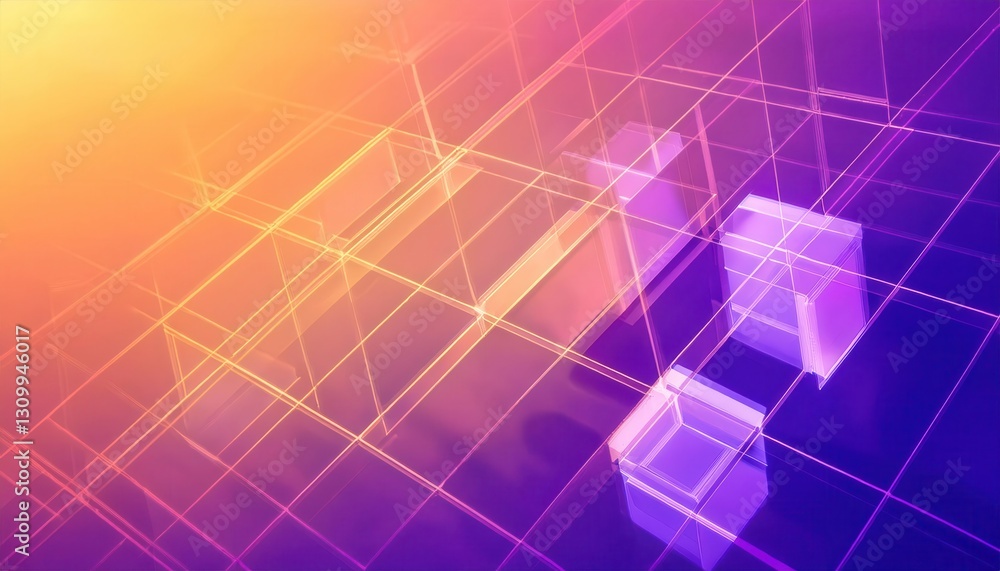 Poster futuristic glowing wireframe cubes in a digital abstract geometric space with a gradient of purple a