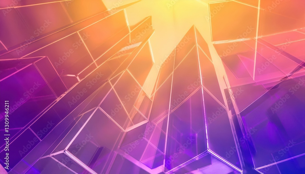 Aufkleber futuristic glowing wireframe cubes in a digital abstract geometric space with a gradient of purple a