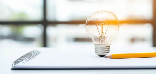 Idea bulb sketch on a notepad, in an empty office with a pencil, sparking innovation in a business environment