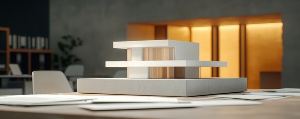 Model building on a table, in an empty office with papers, blending architecture with a business real estate context