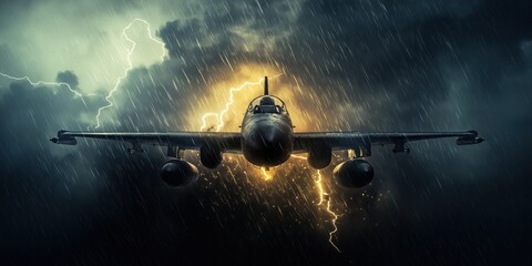 Military jet flying through a dramatic thunderstorm with heavy rain and lightning strikes at night