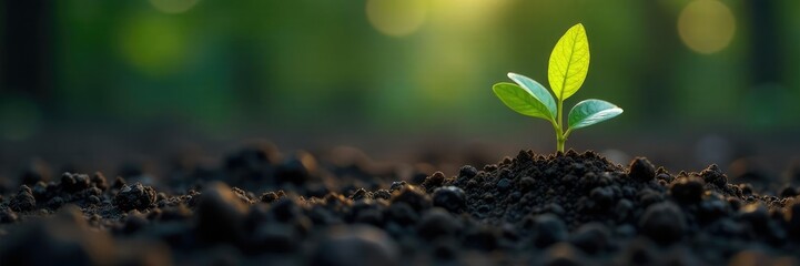 Dark soil with a small tree sprouting from the ground, tree, growth, organic
