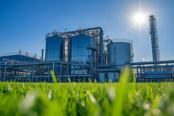 large industrial plant with a lot of pipes and tanks. The sun is shining on the plant, making it look bright and lively