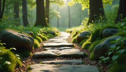 Peaceful stone pathway through lush green forest with sunlight filtering