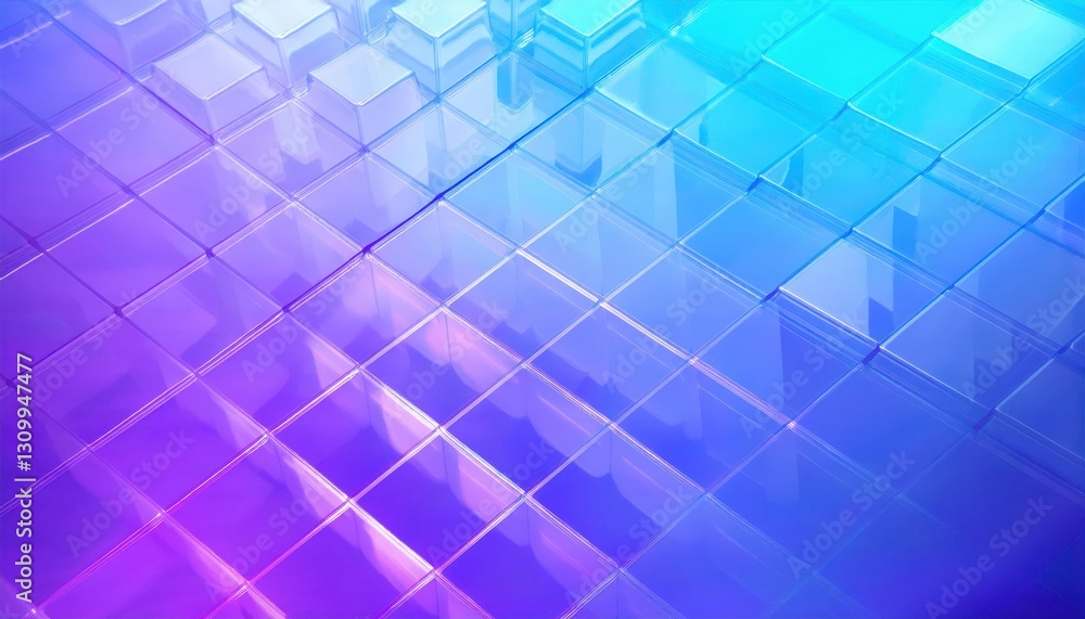 Poster futuristic transparent cube structure with neon gradient lighting, abstract digital background for technology and innovation

