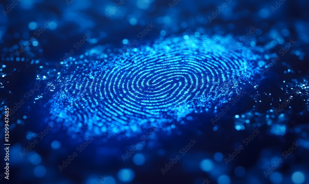 Poster glowing blue fingerprint with swirling lines for biometric authentication and security