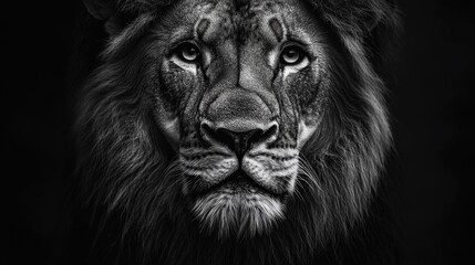 Fototapeta premium Intense gaze meets yours in this captivating close-up of a lion’s face, set against stark black and white contrast. Slightly tilted head, piercing eyes, and majestic mane draw you into the wild spirit