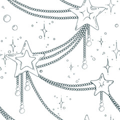 Golden stars Christmas toys with beads of different sizes, sparkling stars. Christmas, New Year, winter Line art is a simple hand-drawn illustration in black and white ink. Seamless pattern vector EPS