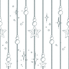 Beads gold with hanging stars vertical stripes with twinkling stars. Christmas, New Year, winter Line art is a simple hand-drawn illustration in black and white ink. Seamless pattern vector EPS