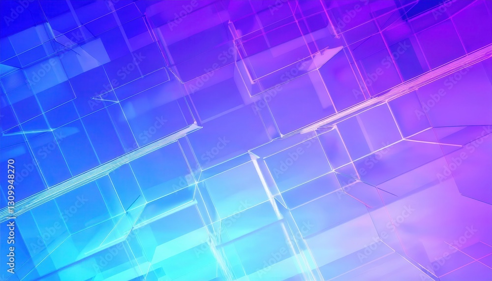 Poster futuristic transparent cube structure with neon gradient lighting, abstract digital background for technology and innovation

