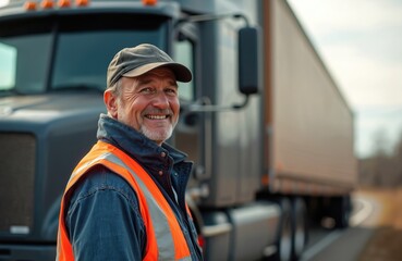 Portrait of senior truck driver in orange safety vest stands near semi-truck. Mature male truck driver wearing cap smiles. Trucking industry, transportation, logistic business, road safety, vehicle