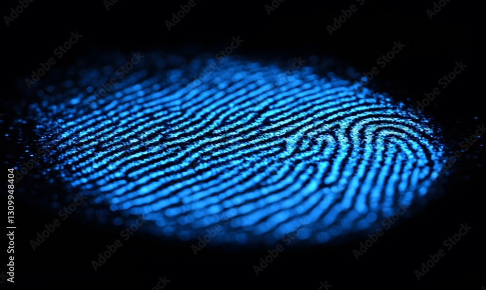 Poster glowing blue fingerprint close-up with a dark background for security concept