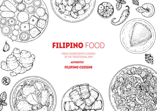 Filipino food top view vector illustration. Food menu design template. Hand drawn sketch. Filipino food menu. Vintage style.