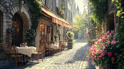 Fototapeta premium Quaint European Alleyway Cafe Scene at Sunrise
