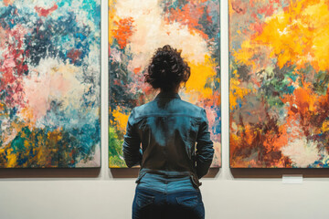 A woman with curly hair stands in a gallery, contemplating vibrant abstract paintings that burst with colors and textures.