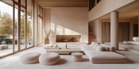 A modern spacious living room interior with soft neutral tones
