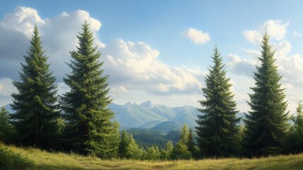 Fototapeta premium Mountain vista, sunny day, evergreen trees