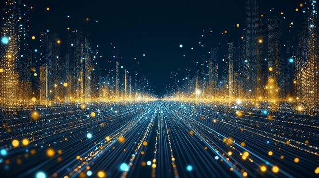 Digital city with data streams in motion, futuristic nighttime view