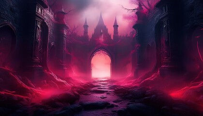 Crumbling towers loom over a misty path glowing with ethereal light.