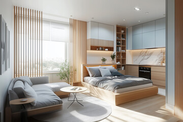 Fototapeta premium bedroom with a bed, a couch, and a table. The bed is covered with a white comforter and pillows. The couch is gray and has a white pillow on it