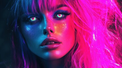 Fototapeta premium Vibrant Neon Portrait of Woman with Pink Hair and Intense Gaze in Futuristic Lighting