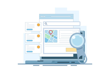 Search engine map concept, Search engine showing business location in search results, Business address in search results. Local map optimization. Analysis showing data. Vector illustration.