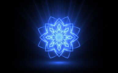Holy vibrations of light. Spirit energy. Shining esoteric waves. .Mandala on black background. Flower spirit. Glow mehndi. flickering forms. .Colorful star. Kaleidoscope shape. Spiritual motifs