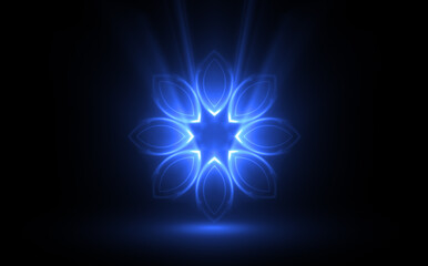 Holy vibrations of light. Spirit energy. Shining esoteric waves. .Mandala on black background. Flower spirit. Glow mehndi. flickering forms. .Colorful star. Kaleidoscope shape. Spiritual motifs