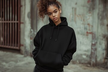 Young urban model wearing black oversized hoodie and sweatpants set posing for a clothing photoshoot