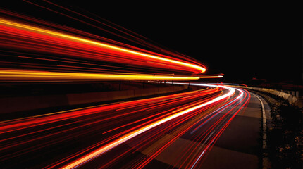 Futuristic Light Streaks on Curved Highway in Night Photography with High Contrast Colors