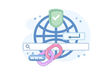 secure link concept. secure website address. user security in accessing website. surfing the internet safely. browsing. chain symbol and search bar. flat style design illustration in background.